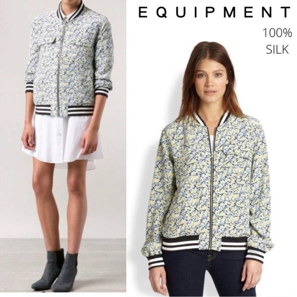 Equipment silk Varsity Abbot blue floral bomber jacket with white & black trim